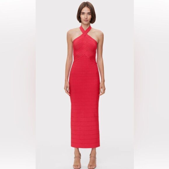 NWT Herve Leger ICON BANDAGE HALTER GOWN Large Rio Red - Picture 1 of 16